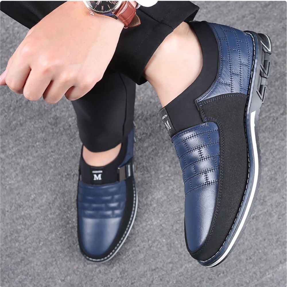 NEW RECYPHI Black and Blue Leather Slip-On Loafers with Durable Sole